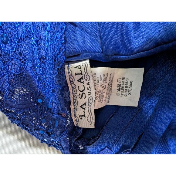 La Scala Dress Womens Small Blue Sequin Lace Gown Sleeveless V Neck Maxi Formal - Picture 5 of 8